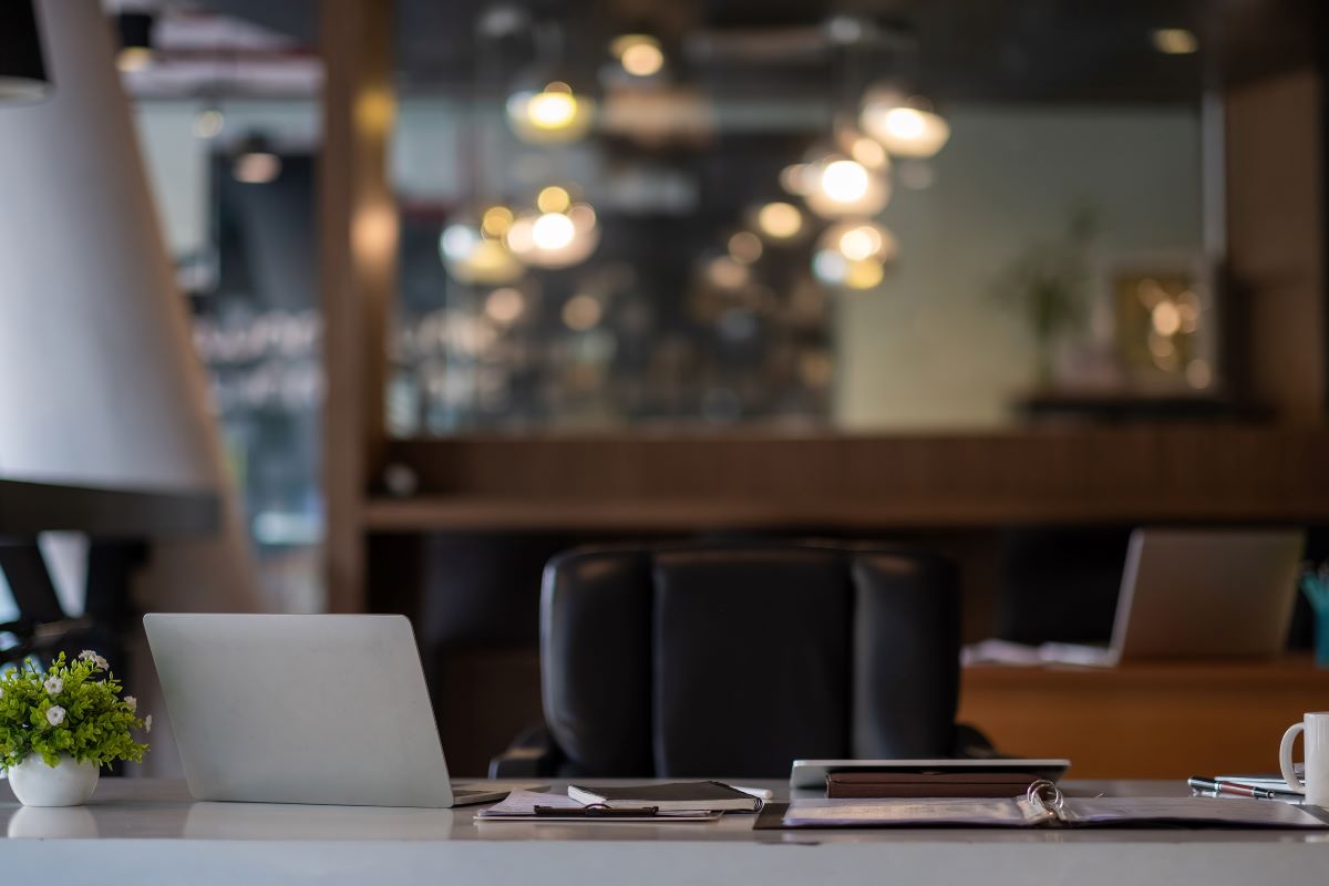 Working place on a white table with a laptop, green plant and paperwork in a modern office interior